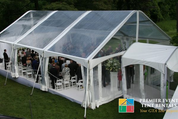 30'x45' Clear top Legacy with Entrance canopy- ceremony set up-min