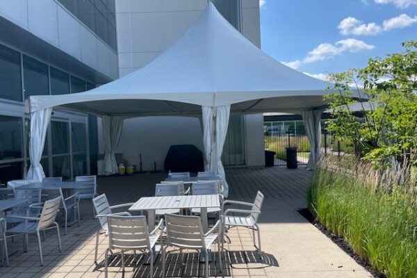 20’x30’ Solara High Peak Tent with clear walls tied open for a corporate BBQ at the BMW Head Office in Richmond Hill.